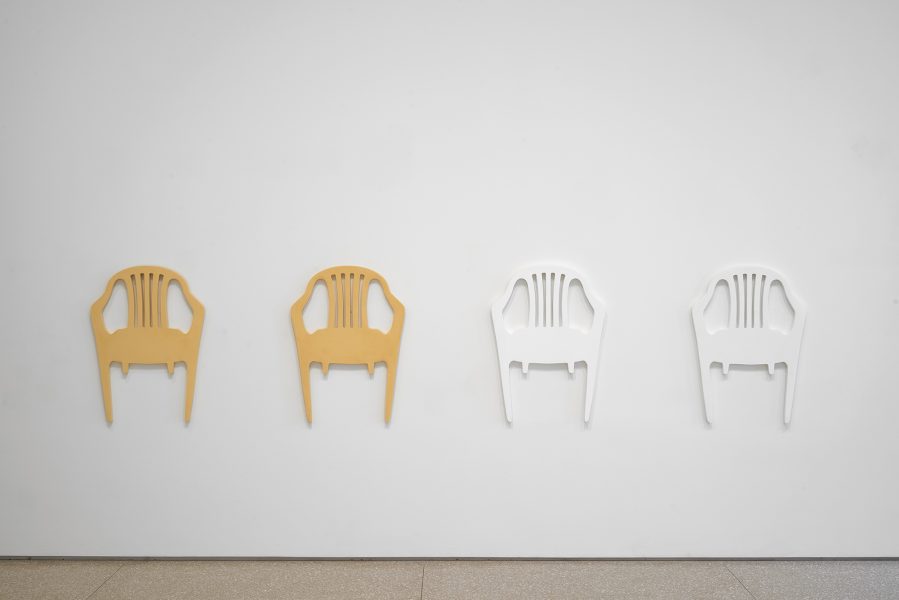 Chairs (Monoblock), 2021 Tinted plaster polymer, 78 x 58 x 5 cm each / installation dimensions variable  Image © Andy Keate