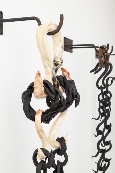 Chain Sling II, 2021, Glazed stoneware clay, tile paint, oxides and pigments, mild steel, 18 x 96 x 28 cm