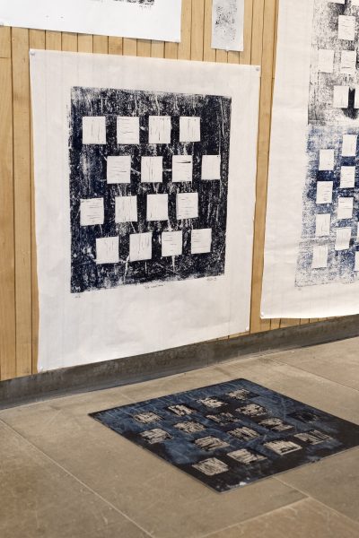 Notes II, 2019, dimensions variable, installation, linocuts, ink on paper, carved linoleum