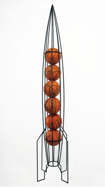 Rattle#1, 2021, 247cm x 55cm x 55cm, Steel round bars, 6 Spalding basketballs - size7, Black Electrostatic painting