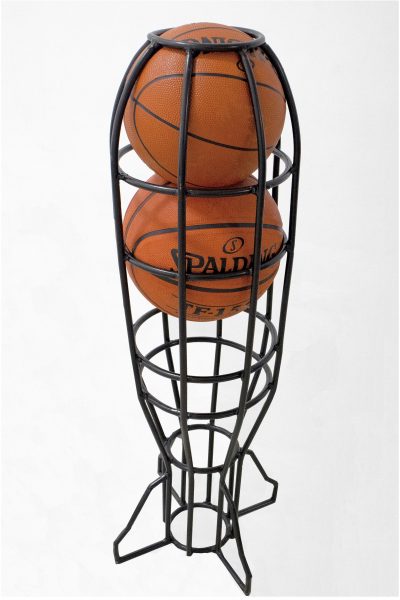 Rattle#2, 2021, 90cm x 28cm x 28cm, Steel round bars, 2 Spalding basketballs – size5 and 7, Black Electrostatic painting